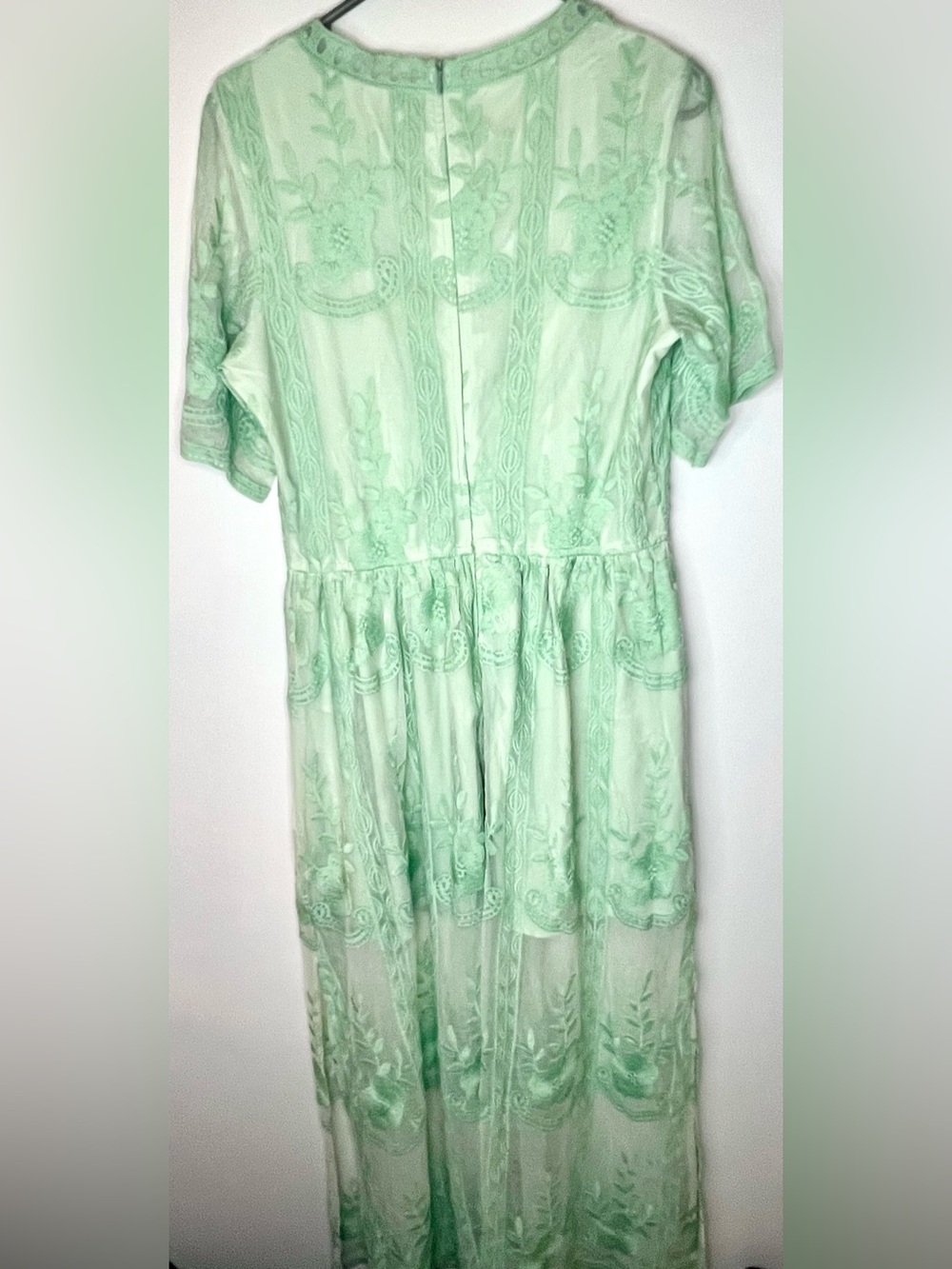 Mint Green Boho Lace Embroidered Mesh Overlay Maxi Dress Cottagecore Fairycore L - Picture 4 of 6